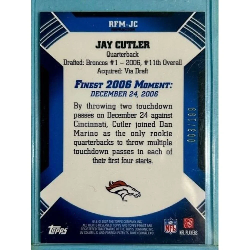 2007 Topps Finest Green Refractor,Denver Broncos, Jay Cutler (RC) #RFM-JC  /199 - Picture 2 of 3